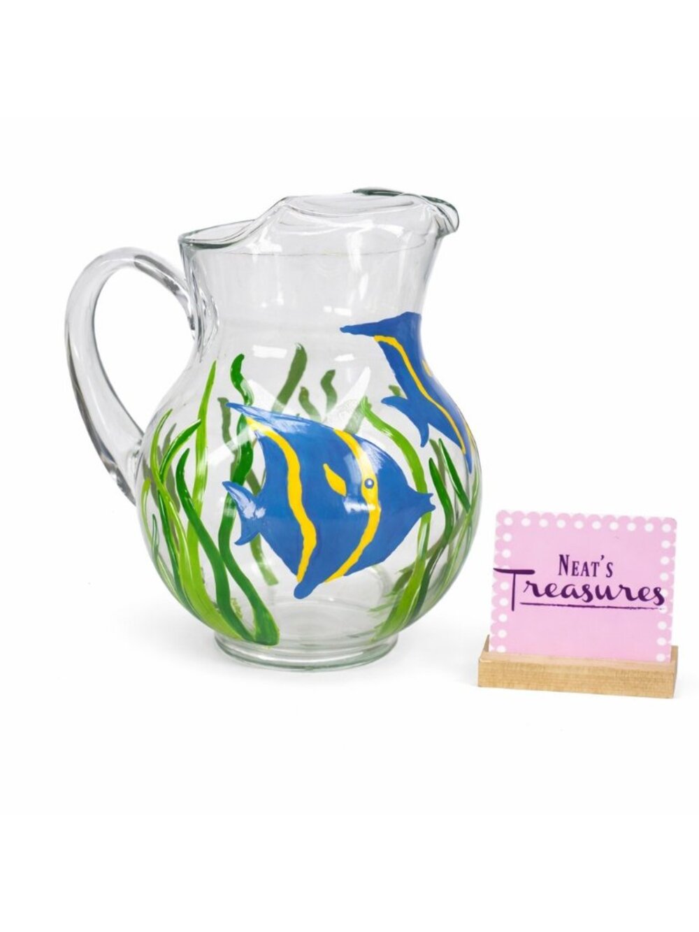 Tropical Beach Themed Blue Angel Fish Colorful Sealife 96oz Clear Glass Pitcher